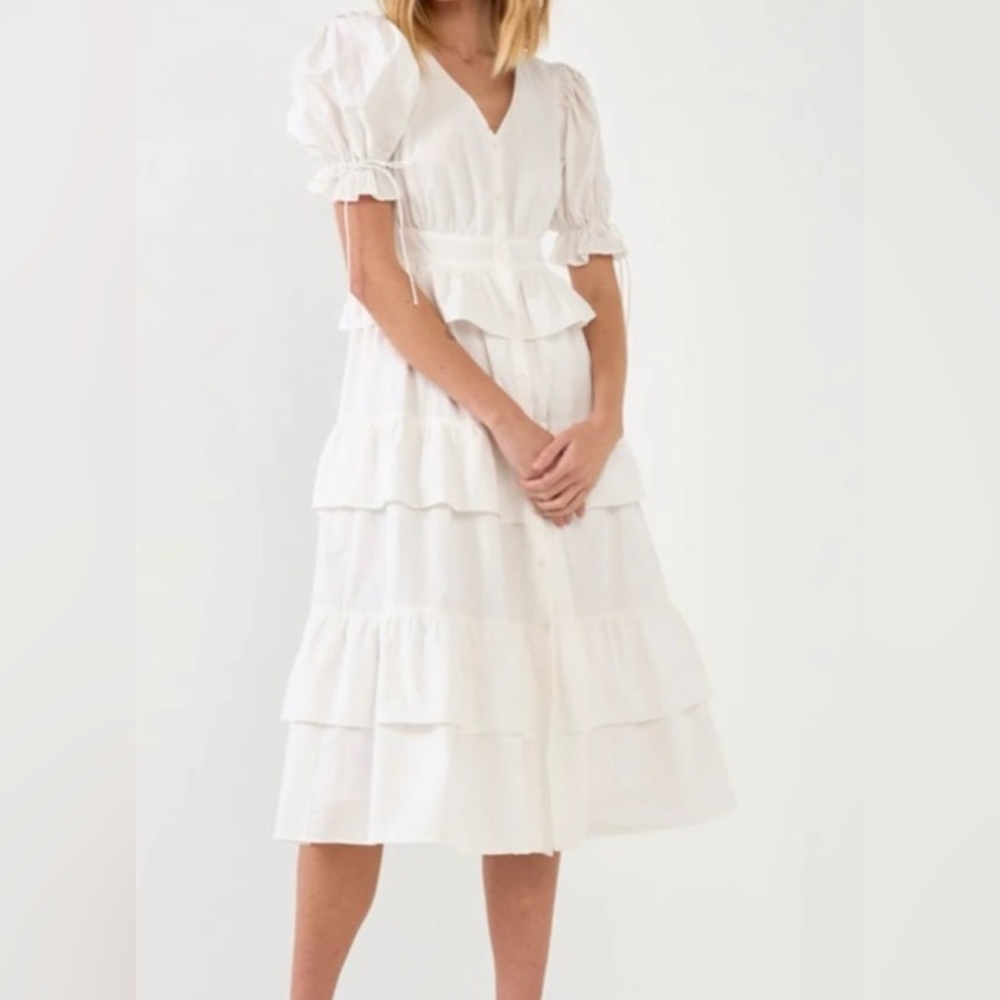 English Factory - White Tiered Dress with puff sleeves - Size M (US 4-6)
